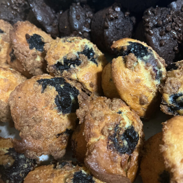 Handmade muffins made up of butter streusel and dark chocolate