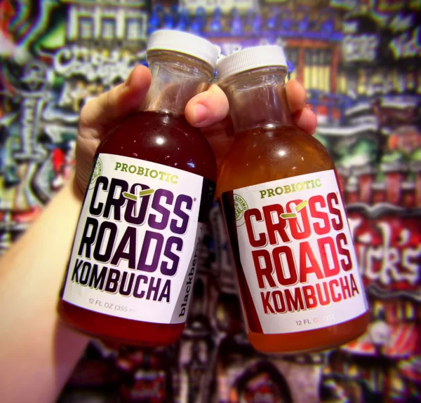 Two bottles of probiotic Cross-Roads Kombucha