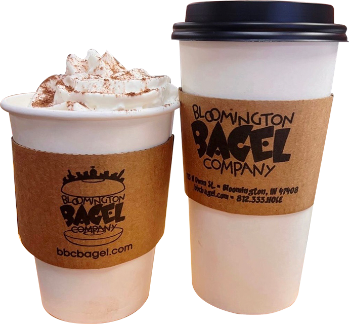 Two cups of coffee from Bloomington Bagel Company.