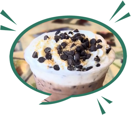 A cup of iced coffee from BBC bagel with chocolate toppings